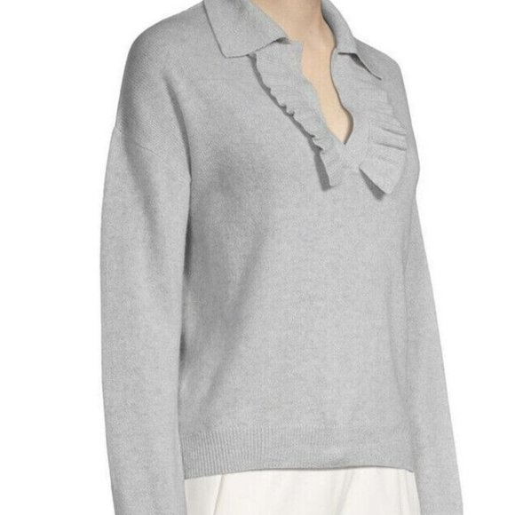 ELIE TAHARI Ruffle Split Neck Cashmere Sweater Amber Grey Size XL NWT $345 NEW - Picture 2 of 6